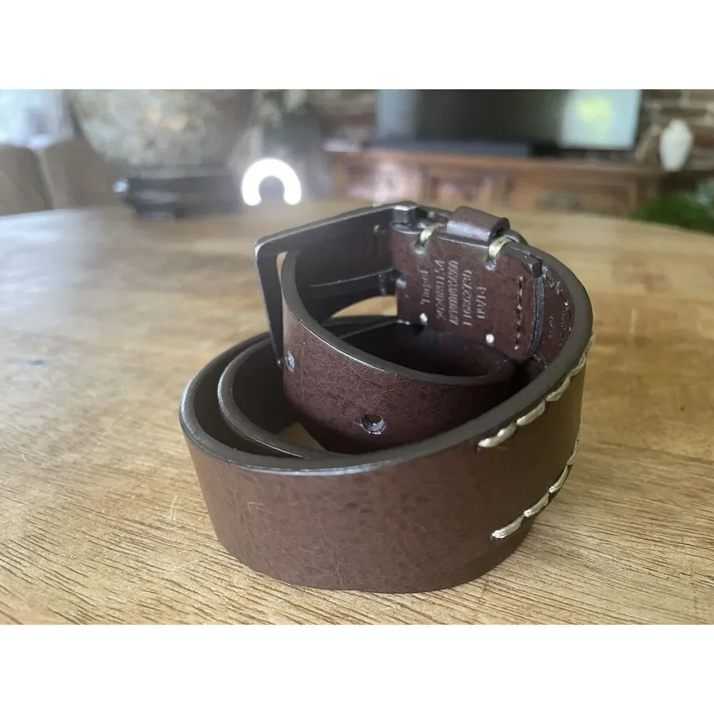 Men’s Brown Genuine Leather Belt M 31x1.5” Contrast Stitch Metal Buckle